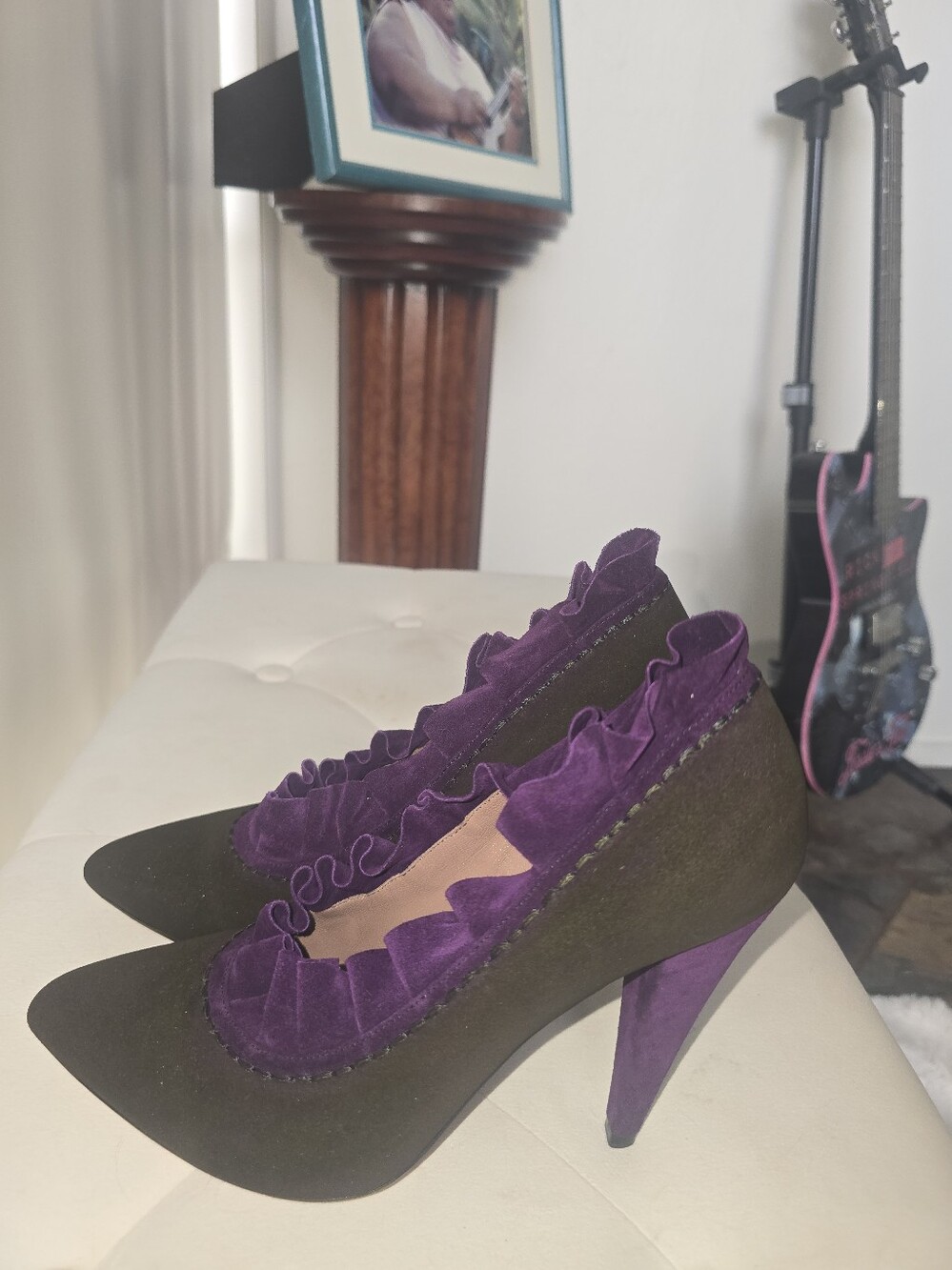 Prada Black Suede Pumps with Purple Velvet Ruffle Trim